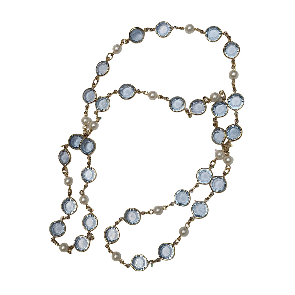 Vtg Baby Sky Blue Bezel Faux Pearl  Necklace 33"